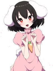 Rule 34 | 1girl, :3, animal ears, arms up, barefoot, black hair, blush, bright pupils, carrot necklace, commentary request, dress, fang, floppy ears, hair between eyes, head tilt, high collar, highres, inaba tewi, necklace, open mouth, paw pose, pink dress, puffy short sleeves, puffy sleeves, rabbit ears, rabbit girl, rabbit tail, red eyes, short hair, short sleeves, simple background, sitting, solo, tail, touhou, tsukimirin, wariza, white background, white pupils