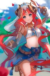 Rule 34 | 1girl, arabian clothes, arm up, barefoot, blue eyes, blue nails, blurry, blurry background, blush, bracelet, breasts, brooch, commentary request, crop top, curled horns, falling petals, forehead jewel, gem, genshin impact, gold trim, hands up, harem outfit, highres, horns, jewelry, long hair, long sleeves, looking at viewer, medium breasts, midriff, nail polish, narrow waist, navel, nilou (genshin impact), pelvic curtain, petals, potetwo 2, puffy long sleeves, puffy sleeves, red hair, revealing clothes, side slit, smile, solo, stomach, twitter username, upper body, veil, very long hair