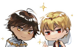 Rule 34 | 2boys, ahoge, brown hair, cape, chibi, circlet, dark-skinned male, dark skin, earrings, fate/grand order, fate (series), gilgamesh, gilgamesh (caster) (fate), gilgamesh (fate), gold trim, hair between eyes, hand up, idk-kun, jacket, jewelry, looking at viewer, male focus, multiple boys, ozymandias (fate), red eyes, simple background, slit pupils, smile, sparkle, v, white background, yellow eyes