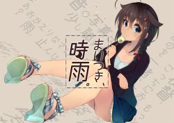 Rule 34 | 10s, 1girl, ahoge, alternate costume, black hair, blue eyes, braid, casual, chig (mizusaki), collarbone, crossed arms, dandelion, dutch angle, feet, flower, grey background, hair flaps, hair ornament, holding, holding flower, kantai collection, long hair, long sleeves, looking at viewer, sandals, shigure (kancolle), shigure kai ni (kancolle), shoe soles, simple background, single braid, sitting, skirt, solo, text background, text focus, thighs, toes, translated