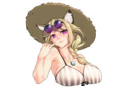 Rule 34 | 1girl, animal ear fluff, animal ears, aqua nails, arknights, bare arms, bare shoulders, bikini, blonde hair, braid, breasts, cleavage, commentary request, cropped torso, fang, grey bikini, hand up, hat, head tilt, jewelry, large breasts, long hair, looking at viewer, nail polish, official alternate costume, pendant, purple eyes, side braid, simple background, skin fang, smile, solo, striped bikini, striped clothes, sun hat, swimsuit, upper body, utage (arknights), utage (summer flowers) (arknights), white background, yamauchi (conan-comy)