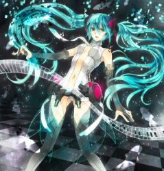 Rule 34 | 1girl, bad id, bad pixiv id, bridal gauntlets, center opening, checkered floor, digital dissolve, floating hair, floor, green eyes, green hair, hatsune miku, hatsune miku (append), long hair, matching hair/eyes, navel, necktie, piano keys, solo, thighhighs, twintails, very long hair, vocaloid, vocaloid append, welkin