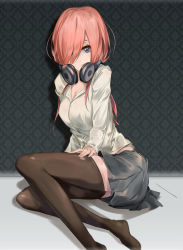 Rule 34 | 1girl, black thighhighs, blue eyes, breasts, cleavage, closed mouth, commentary request, fingernails, full body, go-toubun no hanayome, grey skirt, hair over one eye, headphones, headphones around neck, long hair, looking at viewer, medium breasts, nakano miku, pink hair, renze l, shirt, sitting, skirt, solo, thighhighs, white shirt
