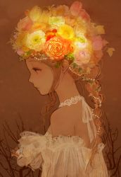 Rule 34 | 1girl, bare shoulders, beads, braid, breasts, brown background, brown eyes, brown hair, closed mouth, detached sleeves, eyelashes, flower, from side, glowing, hair beads, hair flower, hair ornament, highres, lace, leaf, long hair, multi-tied hair, original, plant, portrait, profile, romiy, rose, sepia, sidelocks, single braid, small breasts, solo, tulip, upper body, vines, wavy hair