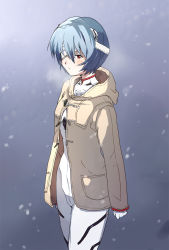 Rule 34 | 10s, 1girl, ayanami rei, bad id, bad pixiv id, bandages, blush, coat, evangelion: 3.0 you can (not) redo, hood, looking at viewer, neon genesis evangelion, plugsuit, rebuild of evangelion, red eyes, short hair, snowing, solo, ume (plumblossom)