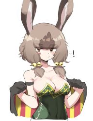 Rule 34 | !, 1girl, :&lt;, animal ears, bare shoulders, bell, blush, breasts, brown eyes, brown hair, cleavage, green leotard, hair bell, hair ornament, large breasts, leotard, looking at viewer, low twintails, multicolored hair, original, rabbit ears, rabbit girl, sifserf, simple background, solo, spoken exclamation mark, twintails, two-tone hair, white background