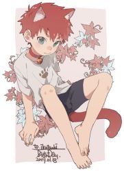 Rule 34 | 1boy, 50off, animal ears, bad id, bad twitter id, barefoot, borrowed character, cat-shaped pupils, cat boy, cat ears, cat tail, dated, english text, extra ears, fang, feet, full body, green eyes, happy birthday, inactive account, looking at viewer, male focus, original, red hair, shirt, shishi chan, solo, symbol-shaped pupils, t-shirt, tail
