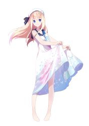 Rule 34 | 1girl, a.a (aa772), animal print, bare legs, bare shoulders, barefoot, blonde hair, blue eyes, blue neckerchief, blue sailor collar, butterfly print, closed mouth, dress, floating hair, full body, hat, highres, long hair, looking at viewer, neckerchief, original, pigeon-toed, print dress, sailor collar, sailor dress, sailor hat, see-through, sidelocks, simple background, skirt hold, sleeveless, sleeveless dress, smile, solo, standing, white background, white dress, white hat, wind