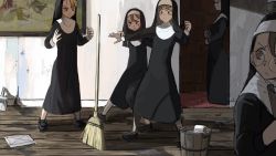 Rule 34 | 5girls, balancing, black footwear, blonde hair, blue eyes, broom, brown eyes, bucket, clumsy nun (diva), crack, diva (hyxpk), drawing (object), dress, froggy nun (diva), full body, glasses, glasses nun (diva), habit, highres, hole in wall, indoors, little nuns (diva), long hair, looking at another, looking at object, looking back, mole, mole under eye, multiple girls, nun, open mouth, original, picture frame, rag, round eyewear, running bond, shoes, spicy nun (diva), standing, stone wall, strict nun (diva), traditional nun, wall, wooden bucket, wooden floor