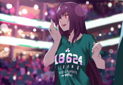 Rule 34 | 1girl, breasts, collarbone, fate/grand order, fate (series), green shirt, hair between eyes, hand up, highres, long hair, medium breasts, open mouth, purple hair, red eyes, scathach (fate), shijie jianfa, shirt, smile, solo