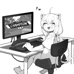 Rule 34 | 1girl, ^ ^, absurdres, ahoge, animal ears, apex legends, barefoot, blush, chair, closed eyes, commentary request, english text, fang, feet, greyscale, hair between eyes, highres, hololive, computer keyboard, lion ears, low twintails, mato (target5260), monitor, monochrome, computer mouse, open mouth, playing games, shirt, shishiro botan, shishiro botan (casual), simple background, sitting, smile, solo, tail, twintails, virtual youtuber