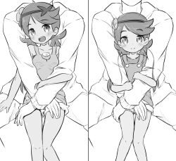 Rule 34 | 1boy, 1girl, aged down, bare shoulders, blush, breasts, child, collarbone, creatures (company), flower, game freak, greyscale, hair flower, hair ornament, hairband, hood, hoodie, hug, hug from behind, knees together feet apart, long hair, mallow (pokemon), monochrome, multiple views, nekono rin, nintendo, open mouth, overalls, pants, pokemon, pokemon sm, shirt, simple background, sitting, small breasts, smile, spread legs, teeth, twintails, white background