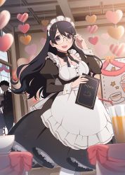 Rule 34 | 1boy, 1girl, apron, artist request, bad id, bad twitter id, black dress, black eyes, black hair, bow, breasts, cleaned, cleavage, cup, dress, drink, drinking glass, drinking straw, glasses, hair between eyes, hair ornament, hairclip, hanekawa tsubasa, heart, highres, indoors, juliet sleeves, large breasts, long hair, long sleeves, looking at viewer, maid, maid apron, maid headdress, monogatari (series), monogatari series puc puc, official art, open mouth, puffy sleeves, smile, source request, standing, waitress, watanabe akio