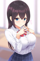 Rule 34 | 1girl, black hair, blue eyes, blue skirt, blurry, blurry background, blush, bow, breasts, closed mouth, collared shirt, commentary request, depth of field, diagonal stripes, dress shirt, hair between eyes, hands up, hicha nomu, indoors, long hair, long sleeves, looking at viewer, medium breasts, original, plaid, plaid skirt, pleated skirt, red bow, school uniform, shirt, skirt, smile, solo, steepled fingers, striped, striped bow, very long hair