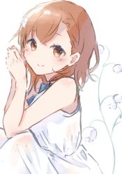 Rule 34 | 1girl, bare shoulders, blush, bob cut, brown eyes, brown hair, commentary, dress, flower, hair ornament, hairclip, hand on own face, highres, himaneko., knees up, light smile, misaka mikoto, own hands together, short hair, simple background, sitting, sleeveless, sleeveless dress, solo, toaru kagaku no railgun, toaru majutsu no index, white background, white dress
