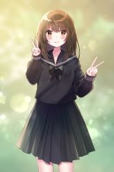 Rule 34 | 1girl, bad id, bad pixiv id, black bow, black sailor collar, black serafuku, black shirt, black skirt, blurry, blurry background, blush, bow, brown eyes, brown hair, closed mouth, commentary request, depth of field, double v, hair between eyes, highres, long hair, long sleeves, minami saki, original, pleated skirt, puffy long sleeves, puffy sleeves, sailor collar, school uniform, serafuku, shirt, skirt, sleeves past wrists, smile, solo, v