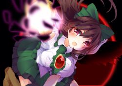 Rule 34 | 1girl, bad id, bad twitter id, black thighhighs, blush, bow, breasts, brown eyes, brown hair, control rod, foreshortening, green skirt, hair bow, highres, karasusou nano, large breasts, long hair, looking at viewer, open mouth, red bow, reiuji utsuho, skirt, solo, thighhighs, third eye, touhou, zettai ryouiki