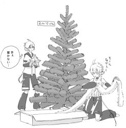 Rule 34 | 2boys, bare shoulders, box, christmas garland, christmas tree, commentary, d futagosaikyou, decorating, detached sleeves, garland (decoration), greyscale, headphones, kagamine len, kagamine len (append), kneeling, leg warmers, male focus, monochrome, multiple boys, multiple persona, protected link, pulling, sailor collar, shirt, short sleeves, shorts, sleeveless, sleeveless shirt, spiked hair, star (symbol), star ornament, thought bubble, vocaloid, vocaloid append, white background