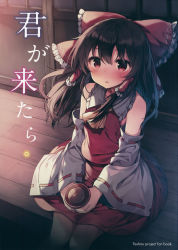 Rule 34 | 1girl, alcohol, ascot, bare shoulders, black hair, blush, bow, breasts, brown ascot, collarbone, collared shirt, cover, cover page, cup, detached sleeves, door, english text, eyelashes, floor, frills, hair between eyes, hair ornament, hair tubes, hakurei reimu, hakurei shrine, highres, light, long hair, long sleeves, looking up, medium breasts, open mouth, red bow, red eyes, red shirt, red skirt, sake, shadow, shirt, shnva, shrine, sitting, skirt, solo, touhou, wide sleeves