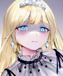 Rule 34 | 1girl, blonde hair, blue eyes, blush, disgust, earrings, highres, hololive, hololive english, jewelry, long hair, looking at viewer, mile (off8mile), official alternate costume, portrait, shaded face, solo, tiara, upper body, virtual youtuber, watson amelia, watson amelia (party dress)