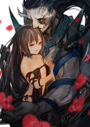 Rule 34 | 1boy, 1girl, bare shoulders, black hair, colored skin, yu mei-ren (fate), couple, fate/grand order, fate (series), grey skin, highres, horns, long hair, motoaki, petals, red eyes, revealing clothes, simple background, size difference, smile, spikes, white background, xiang yu (fate), yellow eyes
