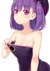 Rule 34 | 1girl, bare arms, bare shoulders, black dress, black hat, black ribbon, blush, breasts, clothes pull, collarbone, commentary request, dress, dress pull, eyes visible through hair, fate/grand order, fate (series), female focus, frilled dress, frills, hat, helena blavatsky (fate), looking at viewer, minamura haruki, neck, one side up, parted lips, purple eyes, purple hair, ribbon, short hair, simple background, small breasts, solo, strapless, strapless dress, sweat, type-moon, upper body, white background