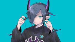 Rule 34 | + +, 1boy, androgynous, bad id, black sweater, blue background, blue eyes, blue hair, closed mouth, earphones, expressionless, glitch, hair between eyes, hair over one eye, hands up, holding, holding earphones, horns, jewelry, jmeysan, long sleeves, looking at viewer, male focus, original, pointy ears, ring, short hair, simple background, solo, sweater, upper body