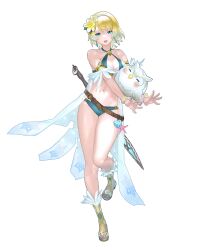 Rule 34 | 1girl, ball, bare shoulders, beachball, belt, bikini, blonde hair, blue eyes, blue hair, blush, bracelet, breasts, cleavage, collarbone, criss-cross halter, earrings, feather trim, feh (fire emblem heroes), fire emblem, fire emblem heroes, fjorm (fire emblem), flower, full body, gradient clothes, gradient hair, hair flower, hair ornament, hairband, halterneck, highres, jewelry, looking at viewer, maeshima shigeki, medium breasts, multicolored hair, navel, nintendo, non-web source, official art, open mouth, seashell, shell, short hair, smile, solo, starfish, stomach, swimsuit, sword, thighs, toeless footwear, toes, transparent background, weapon