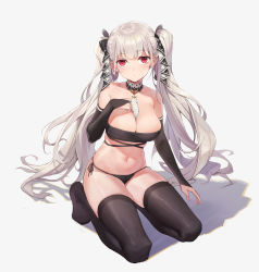 Rule 34 | 1girl, absurdres, azur lane, bandeau, bare shoulders, between breasts, black gloves, black panties, black ribbon, black thighhighs, breasts, bridal gauntlets, choker, cleavage, elbow gloves, formidable (azur lane), gloves, grey background, hair ribbon, highres, large breasts, long hair, looking at viewer, midriff, navel, no shoes, panties, qingshu, red eyes, ribbon, seiza, shadow, side-tie panties, silver hair, simple background, sitting, solo, stomach, strapless, thighhighs, thighs, tube top, underwear, very long hair