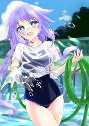 Rule 34 | absurdres, blue eyes, braid, breasts, highres, hose, large breasts, long hair, neptune (neptunia), neptune (series), purple hair, purple heart (neptunia), shibuminigai, shirt, swimsuit, water, wet, wet clothes, wet shirt, white shirt