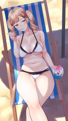 Rule 34 | 1girl, absurdres, bang dream!, bare arms, bare legs, bare shoulders, beach, bikini, black bikini, black bow, blonde hair, bow, bow bikini, breasts, chair, cleavage, closed mouth, collarbone, commentary request, crossed legs, day, deck chair, eating, feet out of frame, fingernails, folding chair, food, frilled bikini, frills, from above, hair ornament, halterneck, hand up, head tilt, highres, holding, holding food, holding spoon, ichigaya arisa, kooribata, large breasts, light blush, long hair, looking at viewer, looking up, multi-strapped bikini, nail art, nail polish, navel, nishinomiya suzu, on chair, outdoors, pink nails, reclining, shade, shadow, shaved ice, solo, spoon, star (symbol), stomach, swimsuit, twintails, two-tone bikini, underboob, utensil in mouth, wet, white bikini, x hair ornament, yellow eyes