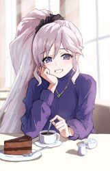Rule 34 | 1girl, :d, blush, cake, cake slice, coffee, commission, cup, drink, film grain, fire emblem, fire emblem heroes, food, fork, grey hair, grin, hair ornament, hair scrunchie, hand on own cheek, hand on own face, head rest, high ponytail, highres, holding, holding spoon, indoors, ishtar (fire emblem), jewelry, light rays, long hair, long sleeves, looking at viewer, necklace, nintendo, open mouth, plate, purple eyes, purple sweater, ryoha kosako, saucer, scrunchie, sitting, skeb commission, smile, solo, spoon, sugar cube, sunlight, sweater, teacup, turtleneck, turtleneck sweater, upper body