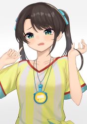 Rule 34 | 1girl, absurdres, aqua eyes, asymmetrical hair, breasts, brown hair, collarbone, hands up, highres, hololive, light blush, long hair, looking at viewer, loose clothes, loose shirt, medium breasts, neko hiiragi, oozora subaru, oozora subaru (1st costume), open mouth, oversized clothes, oversized shirt, pointing, pointing at self, shirt, simple background, solo, stopwatch, stopwatch around neck, striped clothes, striped shirt, swept bangs, t-shirt, tied shirt, twintails, upper body, v-neck, vertical-striped clothes, vertical-striped shirt, virtual youtuber, watch, whistle, whistle around neck, white shirt, yellow shirt