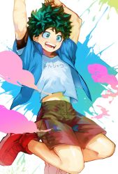 Rule 34 | 1boy, :d, absurdres, alternate costume, arms up, bad id, bad twitter id, blue jacket, boku no hero academia, brown pants, feet up, freckles, gradient background, green background, green eyes, green hair, grey shirt, highres, jacket, jumping, male focus, midoriya izuku, midriff, multicolored hair, open mouth, paint splatter, pants, pink background, red footwear, shirt, shoes, short sleeves, shorts, smile, solo, suzumetarou, teeth, translation request, two-tone hair