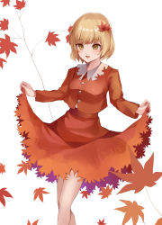 Rule 34 | 1girl, absurdres, aki shizuha, blonde hair, blush, buttons, clothes lift, feet out of frame, highres, koizumo, leaf, leaf on head, lifting own clothes, long sleeves, open mouth, red shirt, red skirt, shirt, short hair, simple background, skirt, skirt lift, smile, solo, touhou, white background, yellow eyes