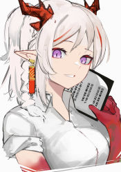 Rule 34 | 1girl, absurdres, ao oni (onioni-aoi), arknights, braid, breasts, collared shirt, colored skin, cropped torso, dragon horns, earrings, eyeshadow, gradient skin, highres, holding, horns, jewelry, long hair, looking at viewer, makeup, medium breasts, multicolored hair, nian (arknights), parted lips, pointy ears, ponytail, purple eyes, red hair, red skin, shirt, short sleeves, side braid, smile, solo, streaked hair, two-tone hair, upper body, white hair, white shirt