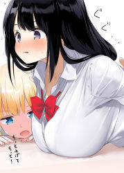 Rule 34 | 2girls, black hair, blonde hair, blue eyes, blush, bow, bowtie, breasts, commentary request, dress shirt, huge breasts, kaisen chuui, long hair, long sleeves, multiple girls, open mouth, original, purple eyes, red bow, red neckwear, school uniform, shirt, simple background, translation request, white background
