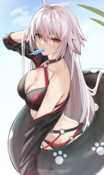 Rule 34 | 1girl, absurdres, ahoge, bee doushi, bikini, breasts, cleavage, cowboy shot, cropped jacket, fate/grand order, fate (series), food, food in mouth, from side, glaring, hair between eyes, hand in own hair, highres, innertube, jeanne d&#039;arc alter (swimsuit berserker) (fate), jeanne d&#039;arc (fate), jeanne d&#039;arc alter (fate), jeanne d&#039;arc alter (swimsuit berserker) (fate), large breasts, light blush, long hair, multi-strapped bikini, o-ring, o-ring bikini, off shoulder, popsicle, solo, swim ring, swimsuit, v-shaped eyebrows, very long hair, white hair, yellow eyes