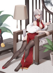 Rule 34 | 1girl, absurdres, alcohol, alternate costume, azur lane, blush, bottle, breasts, brown legwear, butterfly hair ornament, center opening, chair, china dress, chinese clothes, cleavage, cup, dress, drinking glass, drunk, dunkerque (azur lane), hair between eyes, hair ornament, highres, indoors, lace, lace-trimmed legwear, lace trim, lamp, large breasts, long hair, looking at viewer, manjuu (azur lane), pink eyes, plant, potted plant, red dress, sitting, sleeveless, sleeveless dress, solo, very long hair, wine, wine bottle, wine glass, wsfw