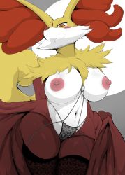 Rule 34 | 1girl, animal ears, arm behind back, black panties, black thighhighs, blush, breasts, creatures (company), delphox, fang, female focus, fox ears, fox tail, furry, furry female, g-birkin, game freak, gen 6 pokemon, grey background, half-closed eyes, hand up, highres, hurikata, large breasts, lingerie, looking down, navel, nintendo, nipples, panties, pokemon, pokemon (creature), pokemon xy, red eyes, simple background, skindentation, smile, solo, standing, tail, teeth, thighhighs, third-party edit, topless, two-tone background, underwear, white background