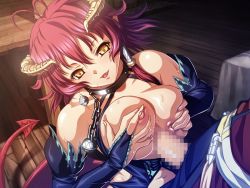 Rule 34 | 10s, 1boy, 1girl, blush, breasts, censored, demon girl, fang, game cg, gloves, hetero, horns, indoors, kyonyuu fantasy, large breasts, mosaic censoring, naughty face, nipples, open mouth, paizuri, penis, red hair, shamsiel shahar, sweat, tail