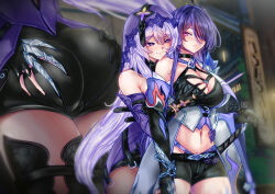 Rule 34 | 2girls, absurdres, acheron (honkai: star rail), ass, ass grab, bare shoulders, black gloves, black shorts, black swan (honkai: star rail), breasts, cleavage, commentary, commission, cowboy shot, gloves, grabbing, grabbing another&#039;s breast, hair over one eye, highres, honkai: star rail, honkai (series), large breasts, long hair, looking at another, mea (manami030), midriff, multiple girls, navel, purple eyes, purple hair, short shorts, shorts, smile, standing, stomach, thighs, veil, very long hair, yuri