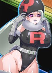 Rule 34 | 1girl, adapted costume, alternate costume, big hair, black leotard, breast press, breasts, corruption, covered erect nipples, creatures (company), curvy, game freak, gloves, glowing, glowing eyes, grey hair, hat, heavy breathing, highleg, highleg leotard, highres, hypnosis, large breasts, latex, legs together, leotard, lips, long hair, melony (pokemon), mind control, nintendo, nipples, no0o0n0o0on, partially visible vulva, pink eyes, pokemon, pokemon swsh, revealing clothes, shiny clothes, shiny skin, skin tight, smile, solo, team rocket, team rocket uniform, thick thighs, thighhighs, thighs, very long hair, wide hips