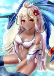 Rule 34 | 1girl, 2018, absurdres, alternate hairstyle, beach, between legs, bikini, blue skirt, blush, breasts, brown eyes, closed mouth, clothes pull, collarbone, dark-skinned female, dark skin, dated, day, dragon, flower, granblue fantasy, hair between eyes, hair flower, hair ornament, hand between legs, highres, long hair, looking at viewer, low twintails, medium breasts, nana (sam900321), navel, off shoulder, outdoors, pleated skirt, signature, sitting, skirt, skirt pull, smile, swimsuit, twintails, very long hair, water, white bikini, white hair, zooey (granblue fantasy), zooey (summer) (granblue fantasy)