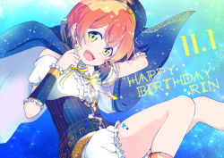 Rule 34 | 1girl, arm behind head, blue background, blue cape, blue hat, cancer (symbol), cape, center frills, character name, clenched hand, commentary request, dated, detached sleeves, earrings, frills, gemini (symbol), green eyes, happy birthday, hat, hoshizora rin, itsuki kuro, jewelry, leg tattoo, leo (symbol), libra (symbol), looking at viewer, love live!, love live! school idol festival, love live! school idol project, orange hair, print cape, ribbon, scorpio (symbol), scorpius (constellation), short hair, shorts, solo, star (symbol), starry sky print, tattoo, underbust, vambraces, white shorts, yellow ribbon, zodiac