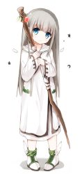 Rule 34 | 1girl, blue eyes, boots, crescent, full body, head tilt, holding, holding staff, long hair, long sleeves, looking at viewer, original, robe, silver hair, solo, staff, standing, star (symbol), very long hair, white background, white footwear, white robe, white wings, wide sleeves, winged footwear, wings, yuuhagi (amaretto-no-natsu)