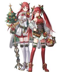 Rule 34 | 2girls, alternate costume, animal ears, antlers, apple, arm warmers, armor, bare shoulders, basket, belt, blush, boots, breastplate, chachie, christmas ornaments, cordelia (fire emblem), cordelia (winter) (fire emblem), deer antlers, deer ears, detached collar, fake animal ears, fake horns, female focus, fire emblem, fire emblem awakening, fire emblem fates, fire emblem heroes, food, fruit, full body, fur-trimmed gloves, fur trim, garter straps, gloves, gold trim, hair ornament, hand on own hip, high heels, highres, holding, horns, lips, long hair, looking at viewer, matching hair/eyes, mother and daughter, multiple girls, nintendo, non-web source, official alternate costume, official art, red eyes, red gloves, red hair, ribbon, selena (fire emblem fates), skirt, sleeveless, smile, standing, thigh boots, thighhighs, transparent background, twintails, zettai ryouiki