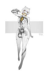 Rule 34 | 1girl, barefoot, blonde hair, colored tongue, completely nude, cyborg, exposed heart, fangs, fingernails, full body, highres, horns, liren44, looking at viewer, mechanical heart, multicolored hair, nude, open mouth, original, partially colored, sharp fingernails, short hair, simple background, smile, solo, spot color, standing, teeth, tube, twitter username, white background, wire, yellow eyes, yellow tongue