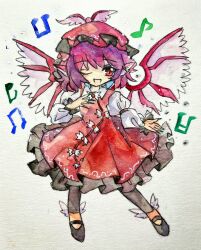 Rule 34 | 1girl, animal ears, beamed eighth notes, beamed sixteenth notes, bird ears, bird wings, black footwear, black socks, brown dress, brown hat, collared shirt, dress, eighth note, fingernails, frilled dress, frilled sleeves, frills, full body, green nails, hat, highres, key747h, long fingernails, long sleeves, musical note, mystia lorelei, nail polish, one eye closed, open mouth, pink hair, red eyes, sharp fingernails, shirt, shoes, short hair, sleeve garter, smile, socks, solo, touhou, traditional media, white shirt, white wings, winged footwear, winged hat, wings