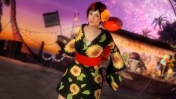 Rule 34 | 1girl, 3d, beach, dead or alive, dead or alive 5, dyed hair, female focus, fireworks, flower, highres, japanese clothes, kimono, mila (doa), nature, official art, outdoors, plant, red hair, sky, solo, yukata